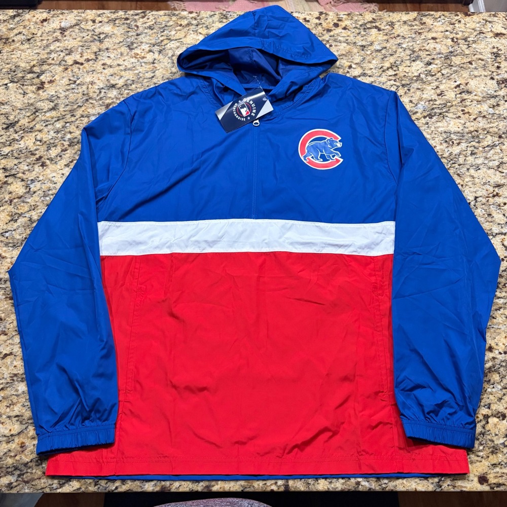 MLB Chicago Cubs Windbreaker Jacket Mens L Blue Red White Quarter Zip Hooded ws